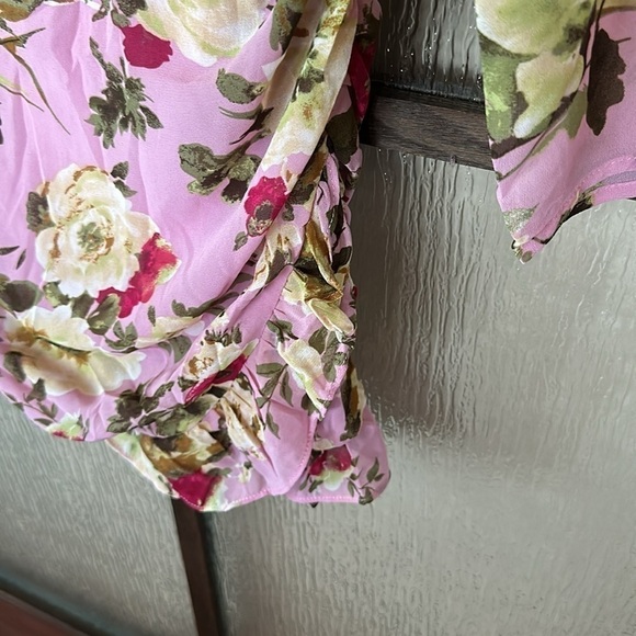 LUSH Mauve Floral Ruffle Hem Rouched Surplice Bodice Long Sleeve Mini Dress Sm - Picture 5 of 9
